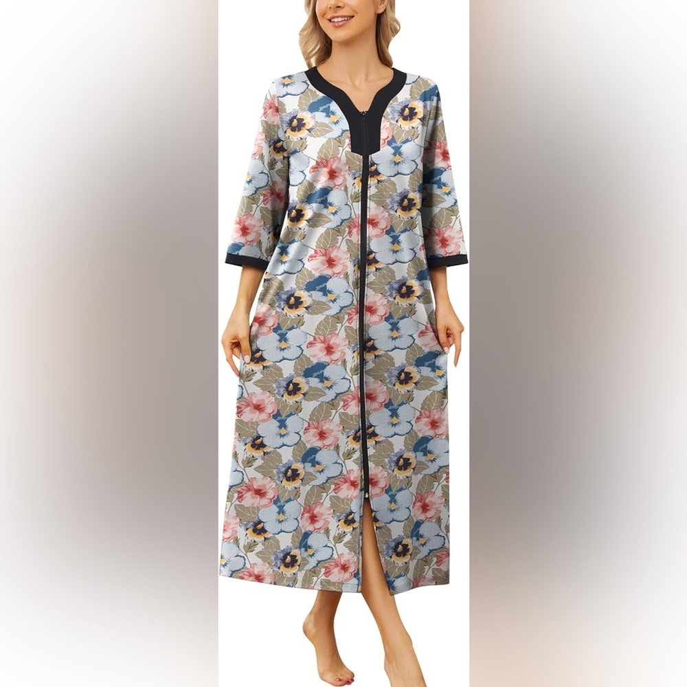 NWT Bloggerlove Floral House Midi Dress Women’s XXL Robe Full Zip Up 3/4 Sleeve